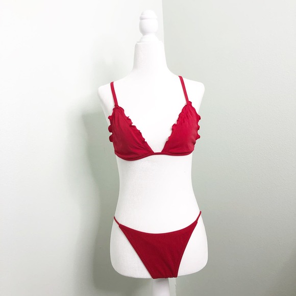 PacSun LA Hearts Ribbed Bikini Two Piece Swim Red Lettuce Edge Size Medium - Picture 5 of 10